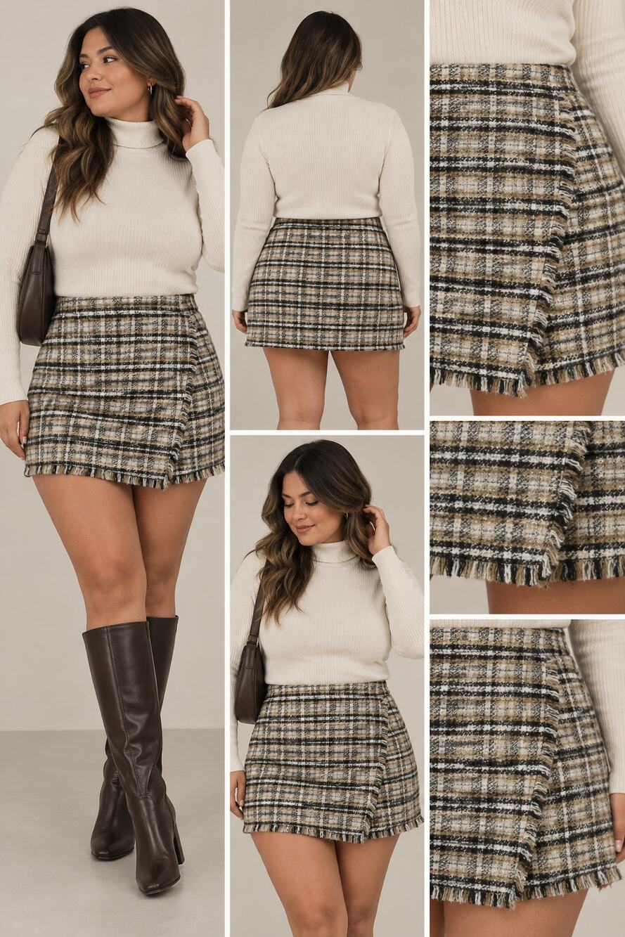 Y2K Tweed Mini Skirt 2XL Black Yellow Plaid Fringe Preppy Academia Fall Skirt